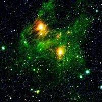 Two extremely bright stars illuminate a greenish mist in this image from the new GLIMPSE360 survey. Original from NASA. Digitally enhanced by rawpixel.