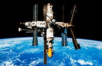 The Space Shuttle Endeavour&#39;s crew recorded a series of 35mm and 70mm fly around survey photos of Russia&#39;s Mir Space Station. Original from NASA. Digitally enhanced by rawpixel.