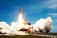 Space shuttle Atlantis and its four-member STS-135 crew head toward Earth orbit and rendezvous with the International Space Station, 8 July 2011. Original from NASA. Digitally enhanced by rawpixel.