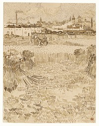 Arles: View from the Wheatfields (1888) by <a href="https://www.rawpixel.com/search/Vincent%20Van%20Gogh?sort=curated&amp;page=1">Vincent Van Gogh</a>. Original from the J. Paul Getty Museum. Digitally enhanced by rawpixel.
