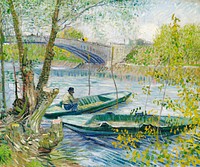 Fishing in Spring, the Pont de Clichy (Asni&egrave;res) (1887) by <a href="https://www.rawpixel.com/search/Vincent%20Van%20Gogh?sort=curated&amp;page=1">Vincent Van Gogh</a>. Original from the Art Institute of Chicago. Digitally enhanced by rawpixel.