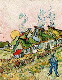 Houses and Figure (1890) by <a href="https://www.rawpixel.com/search/Vincent%20Van%20Gogh?sort=curated&amp;page=1">Vincent Van Gogh</a>. Original from the Barnes Foundation. Digitally enhanced by rawpixel.