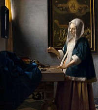 Woman Holding a Balance (ca. 1664) by <a href="https://www.rawpixel.com/search/Johannes%20Vermeer?sort=curated&amp;page=1">Johannes Vermeer</a>. Original from the National Gallery of Art. Digitally enhanced by rawpixel.