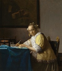 A Lady Writing a Letter (ca. 1665) by <a href="https://www.rawpixel.com/search/Johannes%20Vermeer?sort=curated&amp;page=1">Johannes Vermeer</a>. Original from the National Gallery of Art. Digitally enhanced by rawpixel.