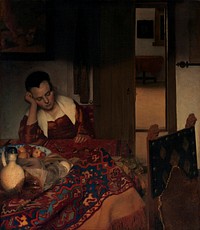 A Maid Asleep (ca.1656&ndash;1657) by <a href="https://www.rawpixel.com/search/Johannes%20Vermeer?sort=curated&amp;page=1">Johannes Vermeer</a>. Original from The MET Museum. Digitally enhanced by rawpixel.