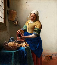 The Milkmaid (ca. 1660) by <a href="https://www.rawpixel.com/search/Johannes%20Vermeer?sort=curated&amp;page=1">Johannes Vermeer</a>. Original from The Rijksmuseum. Digitally enhanced by rawpixel.