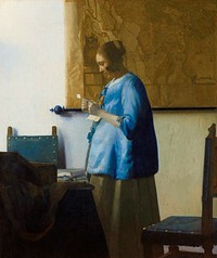 Woman Reading a Letter (ca. 1663) by <a href="https://www.rawpixel.com/search/Johannes%20Vermeer?sort=curated&amp;page=1">Johannes Vermeer</a>. Original from The Rijksmuseum. Digitally enhanced by rawpixel.