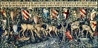Quest for the Holy Grail Tapestries: Verdure with Deer and Shields (1900) by <a href="https://www.rawpixel.com/search/william%20morris?sort=curated&amp;page=1">William Morris</a>, <a href="https://www.rawpixel.com/search/Edward%20Burne%20Jones?sort=curated&amp;page=1">Sir Edward Burne&ndash;Jones</a> and John Henry Dearle. Original from The Birmingham Museum. Digitally enhanced by rawpixel.