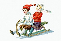 Happy children on a sledge illustration