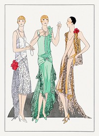 Three evening dresses with lace from Racine (1929) fashion illustration in high resolution by V. Racine. Original from the Rijksmuseum. Digitally enhanced by rawpixel.
