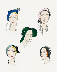 The pretty Seasonal Hats (1931) fashion illustration in high resolution by Agnes, Suzanne Talbot, Rose Descat, Germaine Page and Marie Alphonsine. Original from the Rijksmuseum. Digitally enhanced by rawpixel.