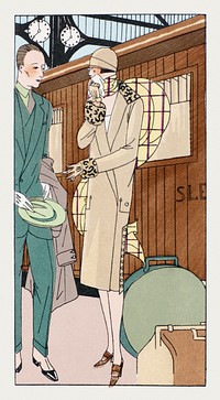 Man and a crying woman at a train station (1926) fashion illustration in high resolution by Jean Patou. Original from the Rijksmuseum. Digitally enhanced by rawpixel.