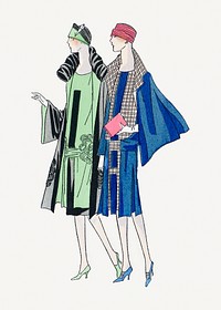 Business dress in embroidered green crepe (1926) fashion illustration in high resolution by Gustav Beer, Brandt and Drecoll. Original from the Rijksmuseum. Digitally enhanced by rawpixel.