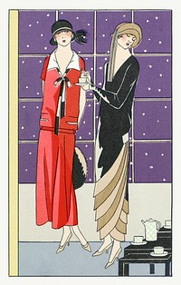 Two women in creations in an interior with a tea table (1924) fashion illustration in high resolution by Jean Patou and Gustav Beer. Original from the Rijksmuseum. Digitally enhanced by rawpixel.