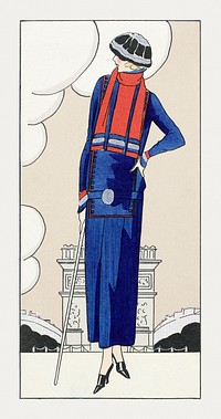 Woman in a navy blue wool dress (1924) fashion illustration in high resolution by George Doeuillet. Original from the Rijksmuseum. Digitally enhanced by rawpixel.