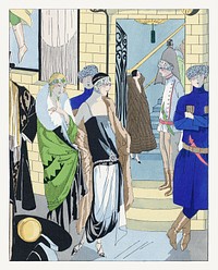 Some women in creations, standing in front of a theater (1924) fashion illustration in high resolution by Paul Poiret and Philippe et Gaston. Original from the Rijksmuseum. Digitally enhanced by rawpixel.