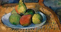 Plate of Fruit on a Chair (Assiette de fruits sur une chaise) (ca.1879&ndash;1880) by <a href="https://www.rawpixel.com/search/Paul%20Cezanne?sort=curated&amp;type=all&amp;page=1">Paul C&eacute;zanne</a>. Original from Original from Barnes Foundation. Digitally enhanced by rawpixel.