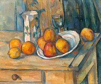 Still Life with Milk Jug and Fruit (ca. 1900) by <a href="https://www.rawpixel.com/search/Paul%20Cezanne?sort=curated&amp;type=all&amp;page=1">Paul C&eacute;zanne</a>. Original from The National Gallery of Art. Digitally enhanced by rawpixel.