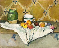 Still Life with Jar, Cup, and Apples (ca. 1877) by <a href="https://www.rawpixel.com/search/Paul%20Cezanne?sort=curated&amp;type=all&amp;page=1">Paul C&eacute;zanne</a>. Original from The MET Museum. Digitally enhanced by rawpixel.