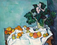Still Life with Apples and a Pot of Primroses (ca. 1890) by <a href="https://www.rawpixel.com/search/Paul%20Cezanne?sort=curated&amp;type=all&amp;page=1">Paul C&eacute;zanne</a>. Original from The MET Museum. Digitally enhanced by rawpixel.
