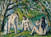 Three Bathers (Trois baigneuses) (ca. 1876&ndash;1877) by <a href="https://www.rawpixel.com/search/Paul%20Cezanne?sort=curated&amp;type=all&amp;page=1">Paul C&eacute;zanne</a>. Original from Original from Barnes Foundation. Digitally enhanced by rawpixel.