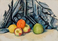 Apples and Cloth (Pommes et tapis) (ca. 1893&ndash;1894) by <a href="https://www.rawpixel.com/search/Paul%20Cezanne?sort=curated&amp;type=all&amp;page=1">Paul C&eacute;zanne</a>. Original from Original from Barnes Foundation. Digitally enhanced by rawpixel.