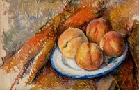 Four Peaches on a Plate (Quatre p&ecirc;ches sur une assiette) (ca.1890&ndash;1894) by <a href="https://www.rawpixel.com/search/Paul%20Cezanne?sort=curated&amp;type=all&amp;page=1">Paul C&eacute;zanne</a>. Original from Original from Barnes Foundation. Digitally enhanced by rawpixel.