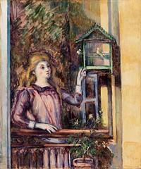 Girl with Birdcage (Jeune fille &agrave; la voli&egrave;re) (ca. 1888) by <a href="https://www.rawpixel.com/search/Paul%20Cezanne?sort=curated&amp;type=all&amp;page=1">Paul C&eacute;zanne</a>. Original from Original from Barnes Foundation. Digitally enhanced by rawpixel.