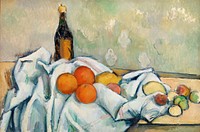 Bottle and Fruits (Bouteille et fruits) (ca. 1890) by <a href="https://www.rawpixel.com/search/Paul%20Cezanne?sort=curated&amp;type=all&amp;page=1">Paul C&eacute;zanne</a>. Original from Original from Barnes Foundation. Digitally enhanced by rawpixel.