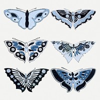 Blue butterfly, Japanese woodblock, vintage illustration psd set