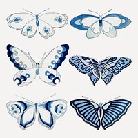 Blue butterfly, Japanese woodblock, vintage illustration vector set