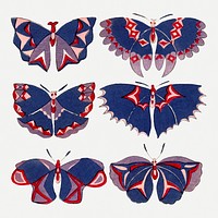 Colorful butterfly, Japanese woodcut, drawing illustration psd set