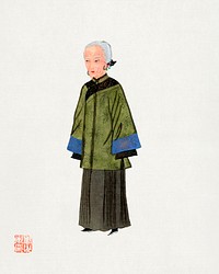 Chinese lady in green gown costume illustration. Digitally enhanced from our own edition of Chinese Costumes (1932). 