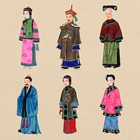 Qing dynasty Chinese costume sticker collection, traditional design psd set