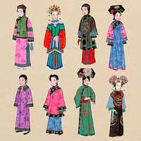 Qing dynasty Chinese costume sticker collection, traditional design psd set