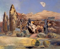 Landscape of the Moon's First Quarter (1943) painting in high resolution by Paul Nash. Original from The Birmingham Museum. Digitally enhanced by rawpixel.