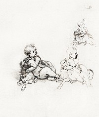 Studies for the Christ Child with a Lamb (ca. 1503&ndash;1506) drawing in high resolution by <a href="https://www.rawpixel.com/search/Leonardo%20da%20Vinci?sort=curated&amp;page=1">Leonardo da Vinci</a>. Original from The Getty. Digitally enhanced by rawpixel.
