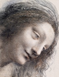 The Head of the Virgin in Three-Quarter View Facing Right (ca. 1510&ndash;1513) drawing in high resolution by <a href="https://www.rawpixel.com/search/Leonardo%20da%20Vinci?sort=curated&amp;page=1">Leonardo da Vinci</a>. Original from The MET Museum. Digitally enhanced by rawpixel.