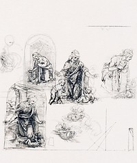Compositional Sketches for the Virgin Adoring the Christ Child, with and without the Infant St. John the Baptist; Diagram of a Perspectival Projection (1480&ndash;1485) drawing in high resolution by <a href="https://www.rawpixel.com/search/Leonardo%20da%20Vinci?sort=curated&amp;page=1">Leonardo da Vinci</a>. Original from The MET Museum. Digitally enhanced by rawpixel.