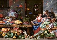 Fruit and Vegetable Market with a Young Fruit Seller (1650&ndash;1660) painting in high resolution by <a href="https://www.rawpixel.com/search/Jan%20van%20Kessel?sort=curated&amp;page=1&amp;topic_group=_my_topics">Jan van Kessel</a>. Original from Statens Museum for Kunst. Digitally enhanced by rawpixel.