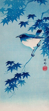 Robin on a Maple Branch (1935) by <a href="https://www.rawpixel.com/search/Ohara%20Koson?sort=curated&amp;page=1">Ohara Koson</a>. Original from The Los Angeles County Museum of Art. Digitally enhanced by rawpixel.