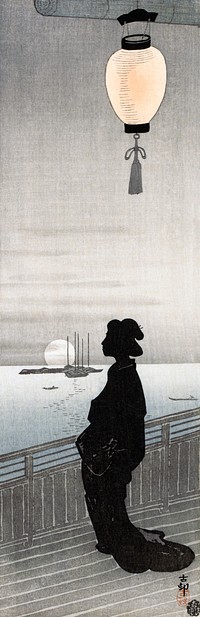 Courtesan on porch (1900&ndash;1910) by <a href="https://www.rawpixel.com/search/Ohara%20Koson?sort=curated&amp;page=1">Ohara Koson</a>. Original from The Rijksmuseum. Digitally enhanced by rawpixel.