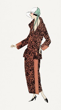 Woman in brown flapper dress, remixed from vintage illustration published in Tr&egrave;s Parisien