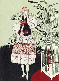 Crying woman holding dead bird, remixed from vintage illustration published in Gazette du Bon Ton
