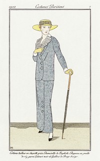 Costume tailleur en Cheyotte grise (1912) print in high resolution by Bernard Boutet de Monvel, published in Journal des Dames et des Modes. Original from The Rijksmuseum. Digitally enhanced by rawpixel.
