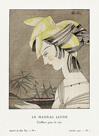 Le madras jaune, coiffure pour le soir (1920) fashion plate in high resolution by Charles Martin, published in Gazette du Bon Ton. Original from The Rijksmuseum. Digitally enhanced by rawpixel.