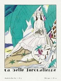 La belle torquatienne (1920) fashion plate in high resolution by <a href="https://www.rawpixel.com/search/Charles%20Martin?sort=curated&amp;page=1&amp;topic_group=_my_topics">Charles Martin</a>, published in Gazette du Bon Ton. Original from The Rijksmuseum. Digitally enhanced by rawpixel.