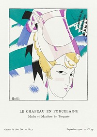 The porcelain hat: Modes et Mani&egrave;res de Torquate (1920) fashion plate in high resolution by <a href="https://www.rawpixel.com/search/Charles%20Martin?sort=curated&amp;page=1&amp;topic_group=_my_topics">Charles Martin</a>, published in Gazette du Bon Ton. Original from The Rijksmuseum. Digitally enhanced by rawpixel.