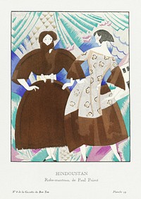 Hindoustanobe-manteau, de Paul Poiret (1920) fashion plate in high resolution by <a href="https://www.rawpixel.com/search/Charles%20Martin?sort=curated&amp;page=1&amp;topic_group=_my_topics">Charles Martin</a>, published in Gazette du Bon Ton. Original from The Rijksmuseum. Digitally enhanced by rawpixel.