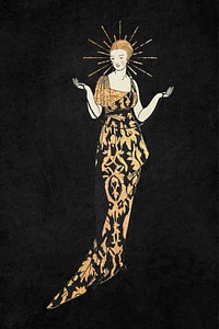 Vintage woman vector wearing gold glitter dress, remixed from the artworks by Bernard Boutet de Monvel